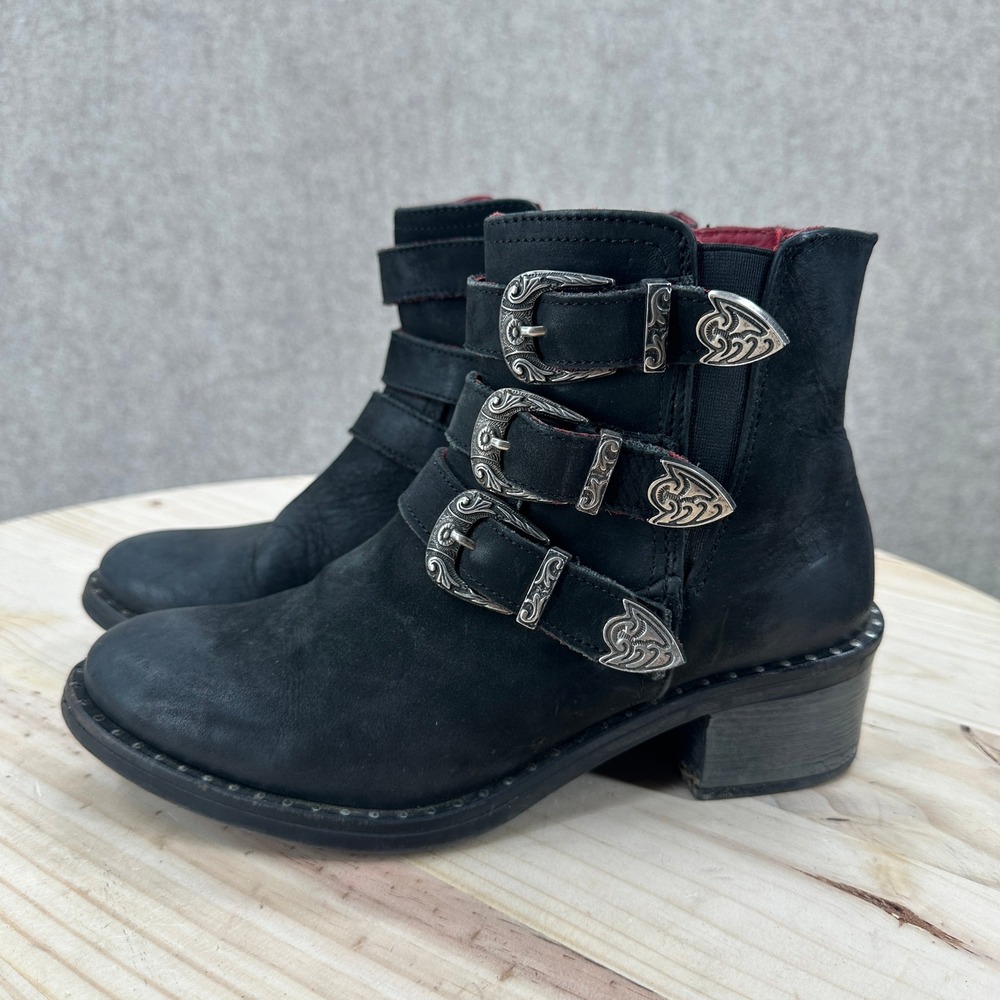 Ferrini Moto Short Boots Womens 7 Black Leather Triple Buckle Western